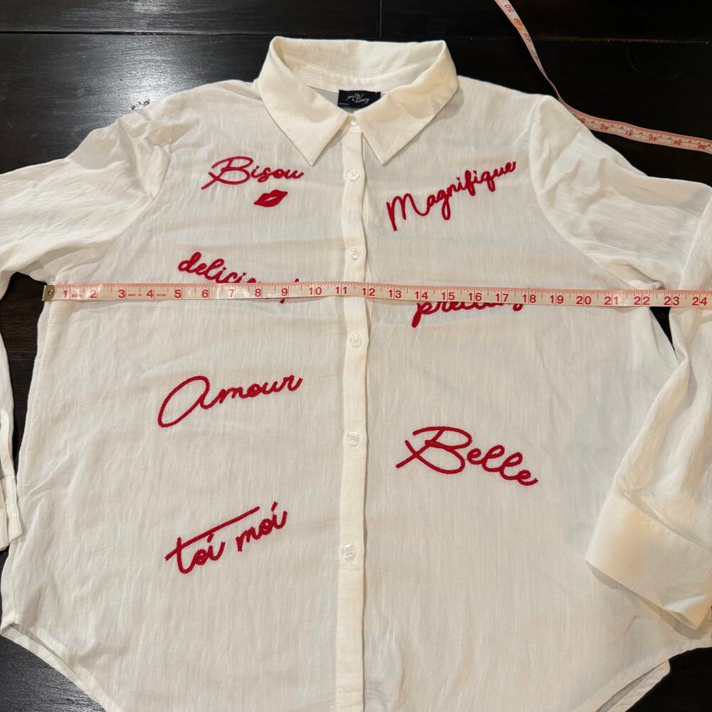 Milk & Honey French Script Embroidered White Blouse L Parisian Whimsy Resortwear - Picture 4 of 7